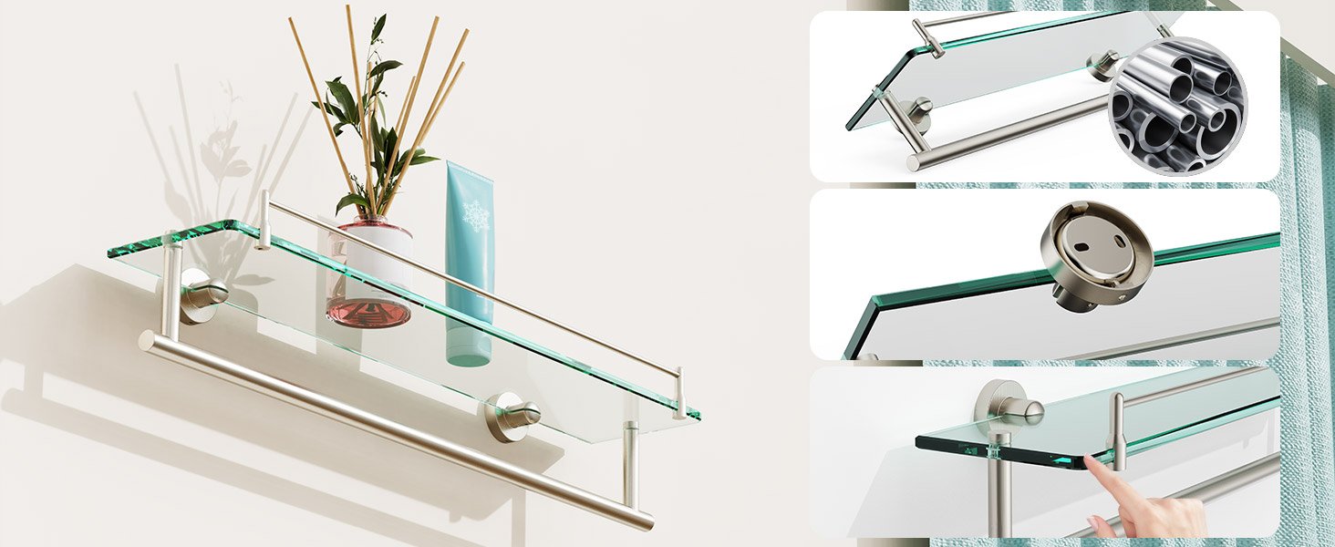 Woindo Bathroom Glass Shelf with Railing, Floating Tempered Glass Bathroom Wall Shelf Rectangle 20 Inch Over The Toilet Storage Cabinet, Gaming Floating Shelves, Bathroom Accessories and Home Decor - 图片 6