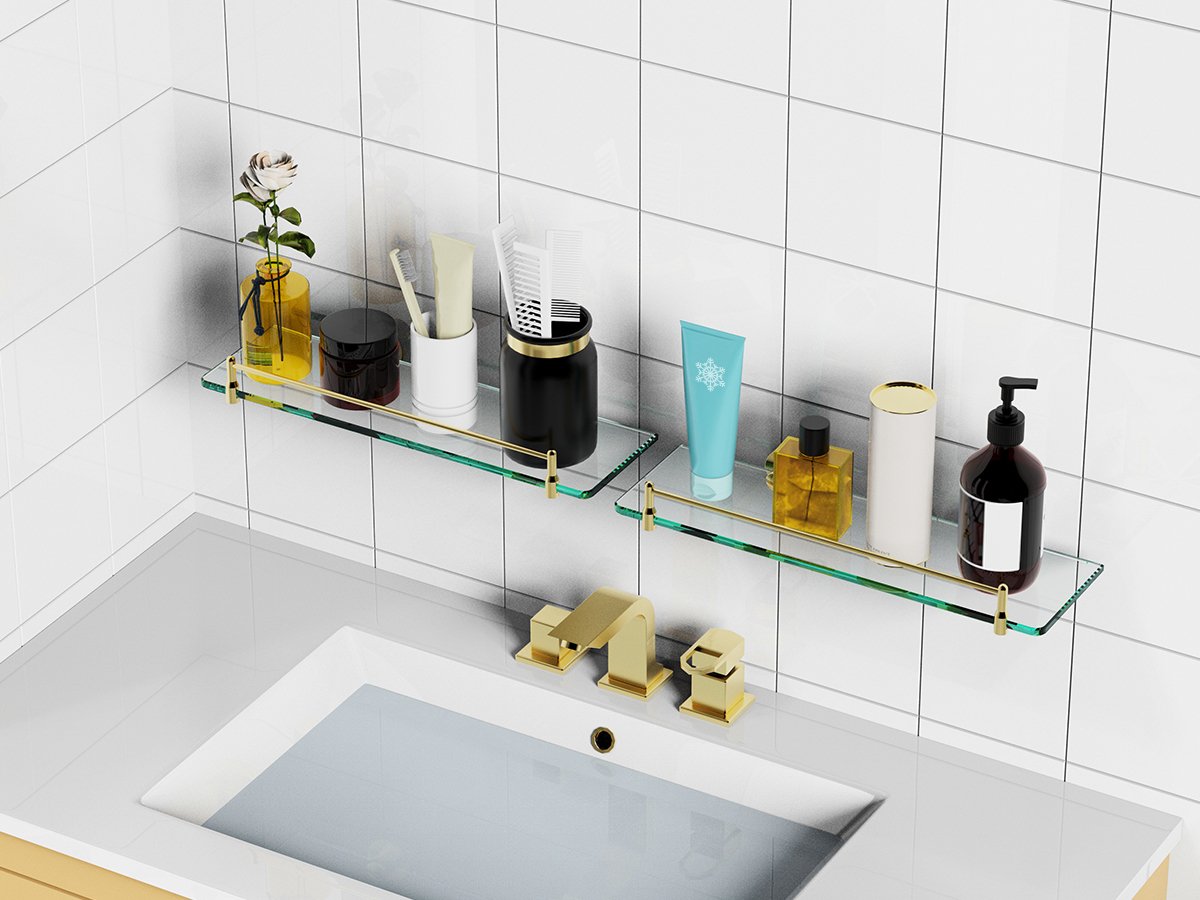 Woindo Bathroom Glass Shelf with Railing, Floating Tempered Glass Bathroom Wall Shelf Rectangle 16 Inch Shelves Gold Bracket Mount Modern - 图片 6