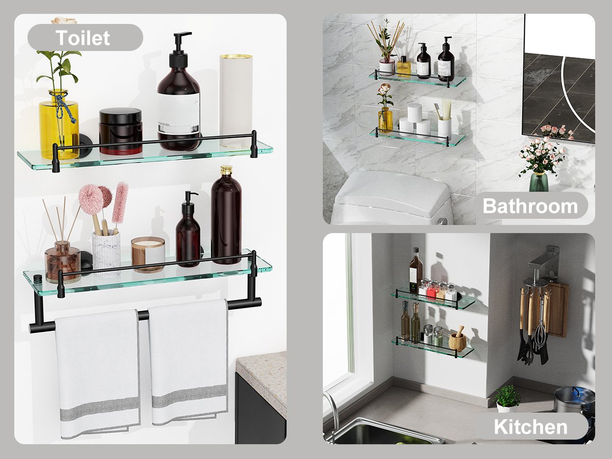 Woindo Bathroom Glass Shelf with Railing, Floating Tempered Glass Bathroom Wall Shelf Rectangle 16 Inch Shelves Black Bracket Mount Modern - 图片 6