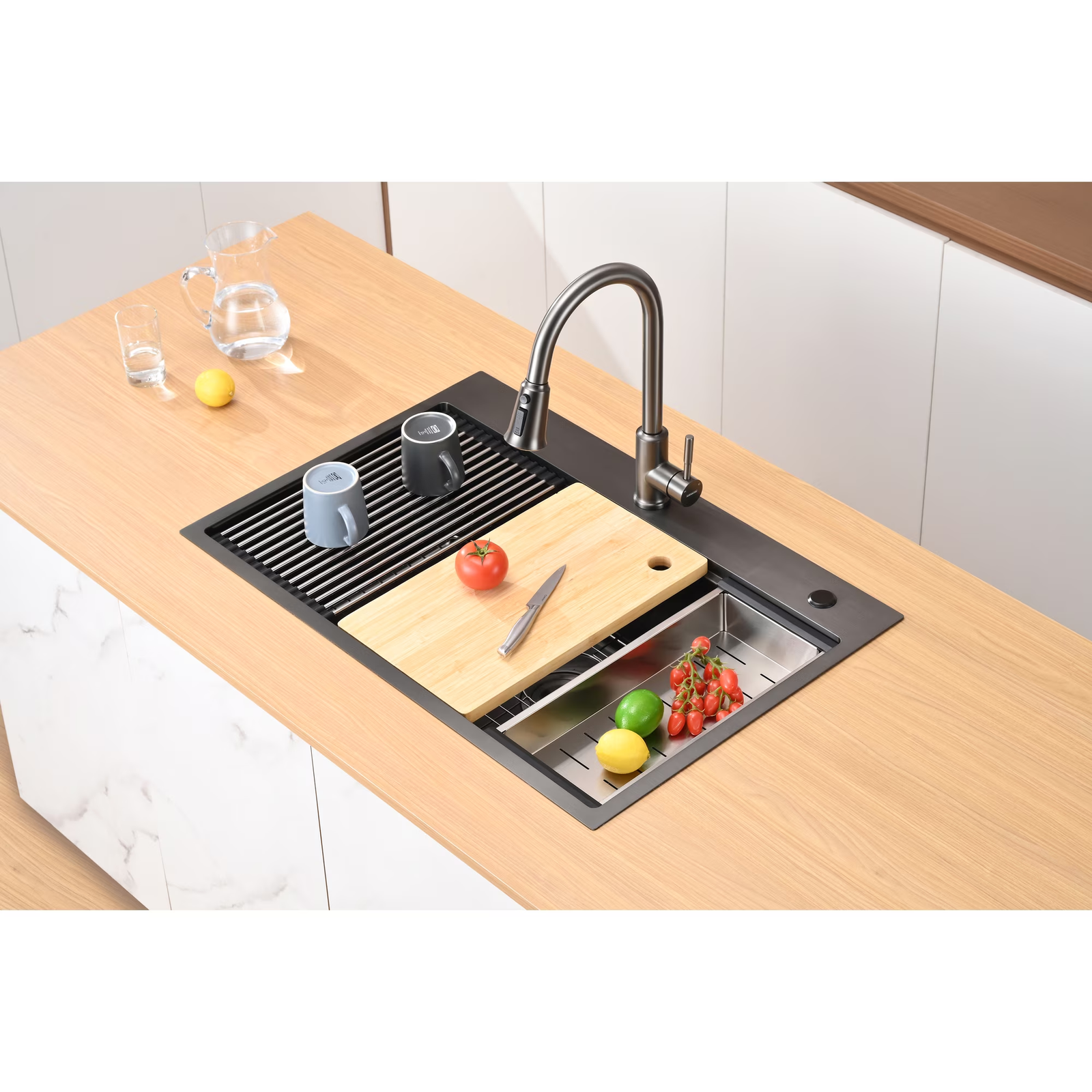 33 Inch Drop In & Undermount Kitchen Sink, Single Bowl Stainless Steel Kitchen Sink, Deep Basin Rust Resistant Farmhouse Sink with Noise Canceling Technology Black - 图片 6