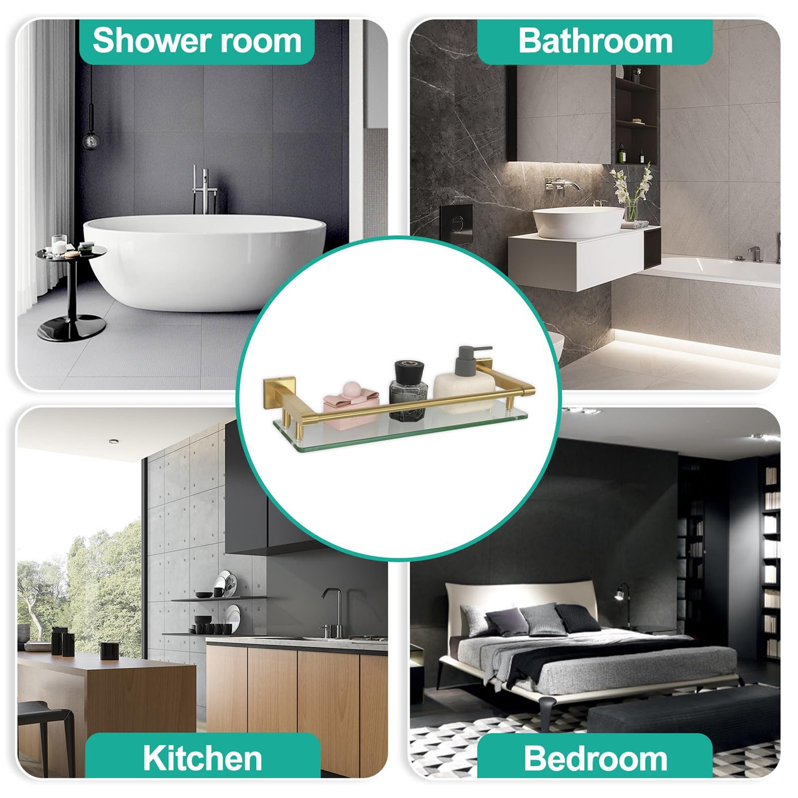 Woindo Bathroom Glass Shelf with Full-coverage Railing, Floating Tempered Glass Bathroom Wall Shelf Rectangle 16 Inch Shelves Gold Bracket Mount Modern - 图片 4