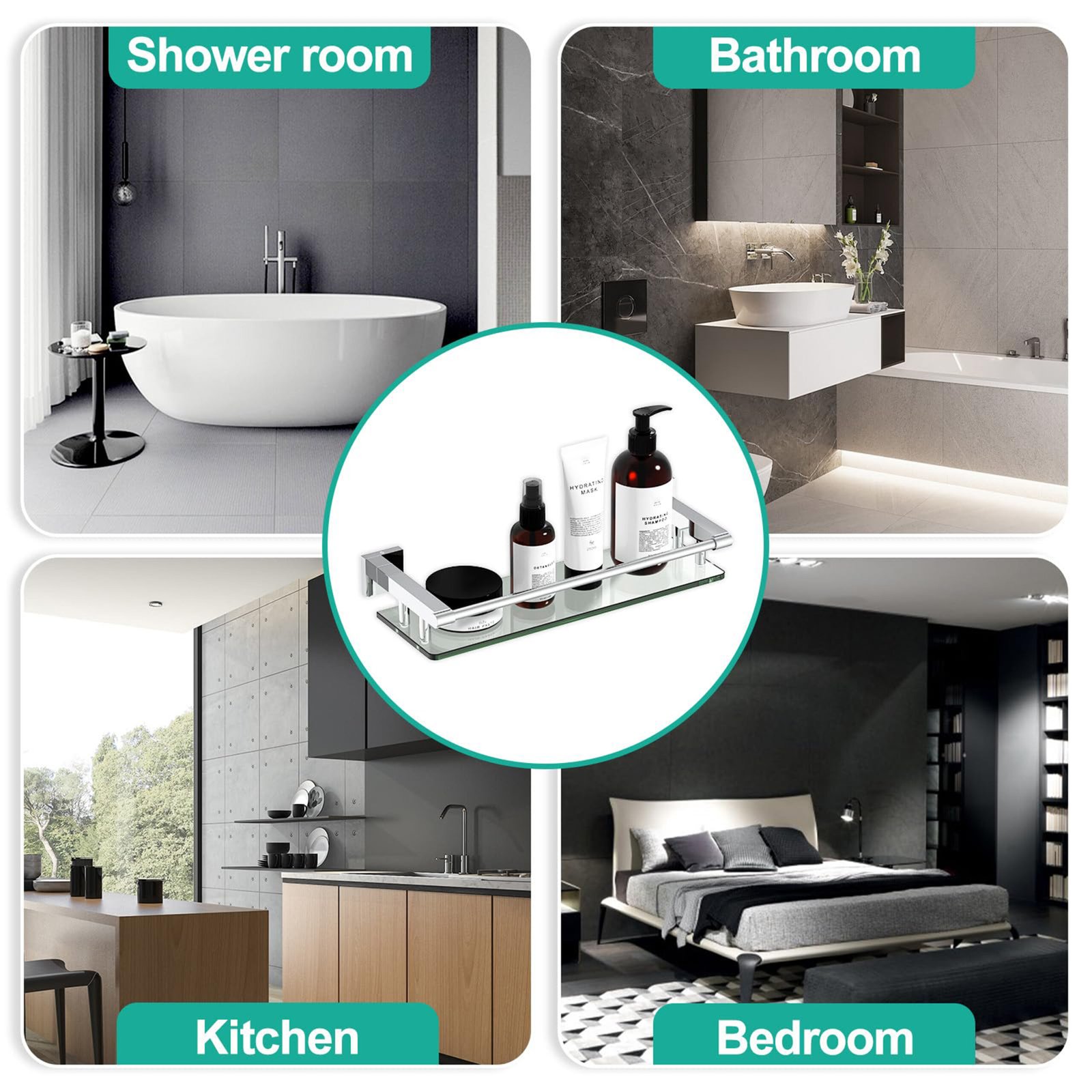Woindo Bathroom Glass Shelf with Full-coverage Railing, Floating Tempered Glass Bathroom Wall Shelf Rectangle 16 Inch Shelves Chrome Polished Bracket Mount Modern - 图片 4