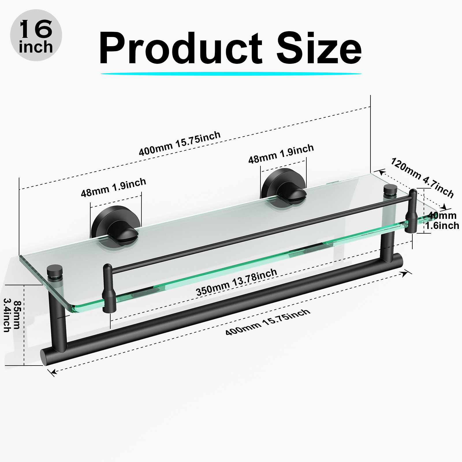 Woindo Bathroom Glass Shelf with Railing, Floating Tempered Glass Bathroom Wall Shelf Rectangle 16 Inch Over The Toilet Storage Cabinet, Gaming Floating Shelves, Bathroom Accessories and Home Decor - 图片 14