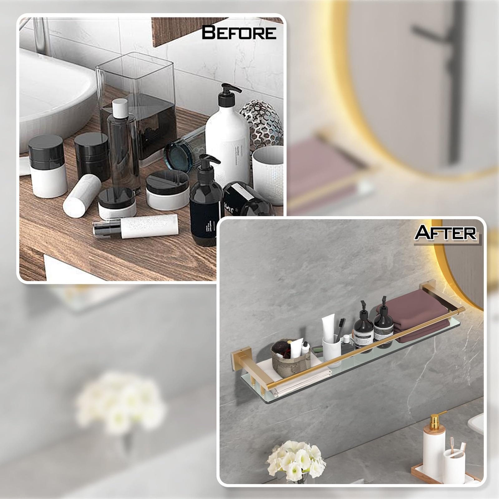 Woindo Bathroom Glass Shelf with Full-coverage Railing, Floating Tempered Glass Bathroom Wall Shelf Rectangle 24 Inch Shelves Gold Bracket Mount Modern - 图片 5