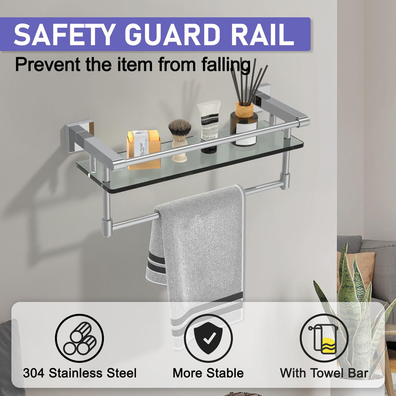 Woindo Bathroom Glass Shelf with Full-coverage Railing, Floating Tempered Glass Bathroom Wall Shelf Rectangle 16 Inch Over The Toilet Storage Cabinet, Towels, Gaming Floating Shelves - 图片 4
