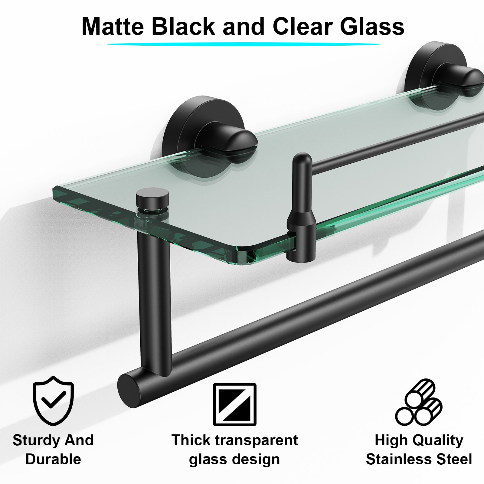 Woindo Bathroom Glass Shelf with Railing, Floating Tempered Glass Bathroom Wall Shelf Rectangle 16 Inch Over The Toilet Storage Cabinet, Gaming Floating Shelves, Bathroom Accessories and Home Decor - 图片 13