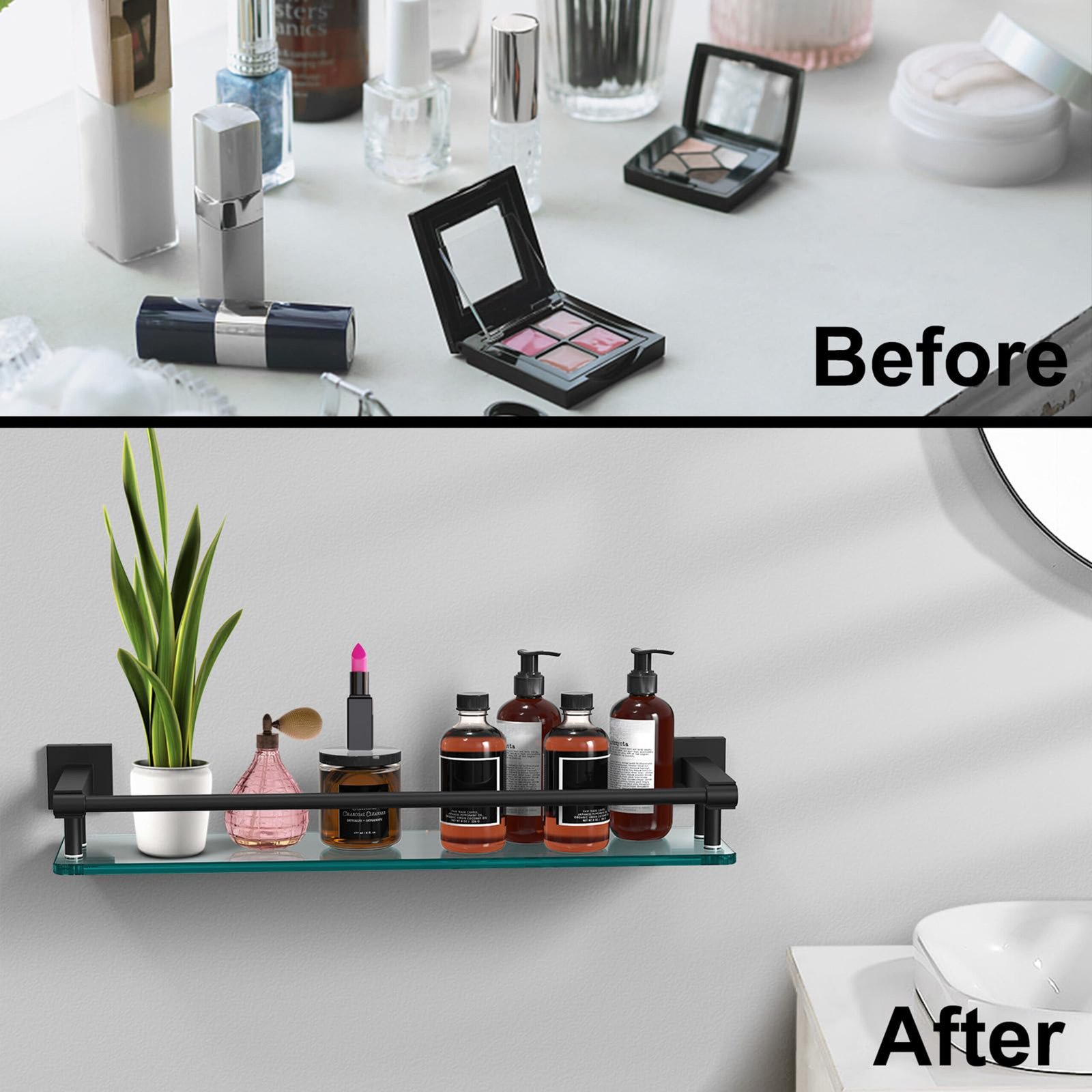 Woindo Bathroom Glass Shelf with Full-coverage Railing, Floating Tempered Glass Bathroom Wall Shelf Rectangle 20 Inch Shelves Black Bracket Mount Modern - 图片 12