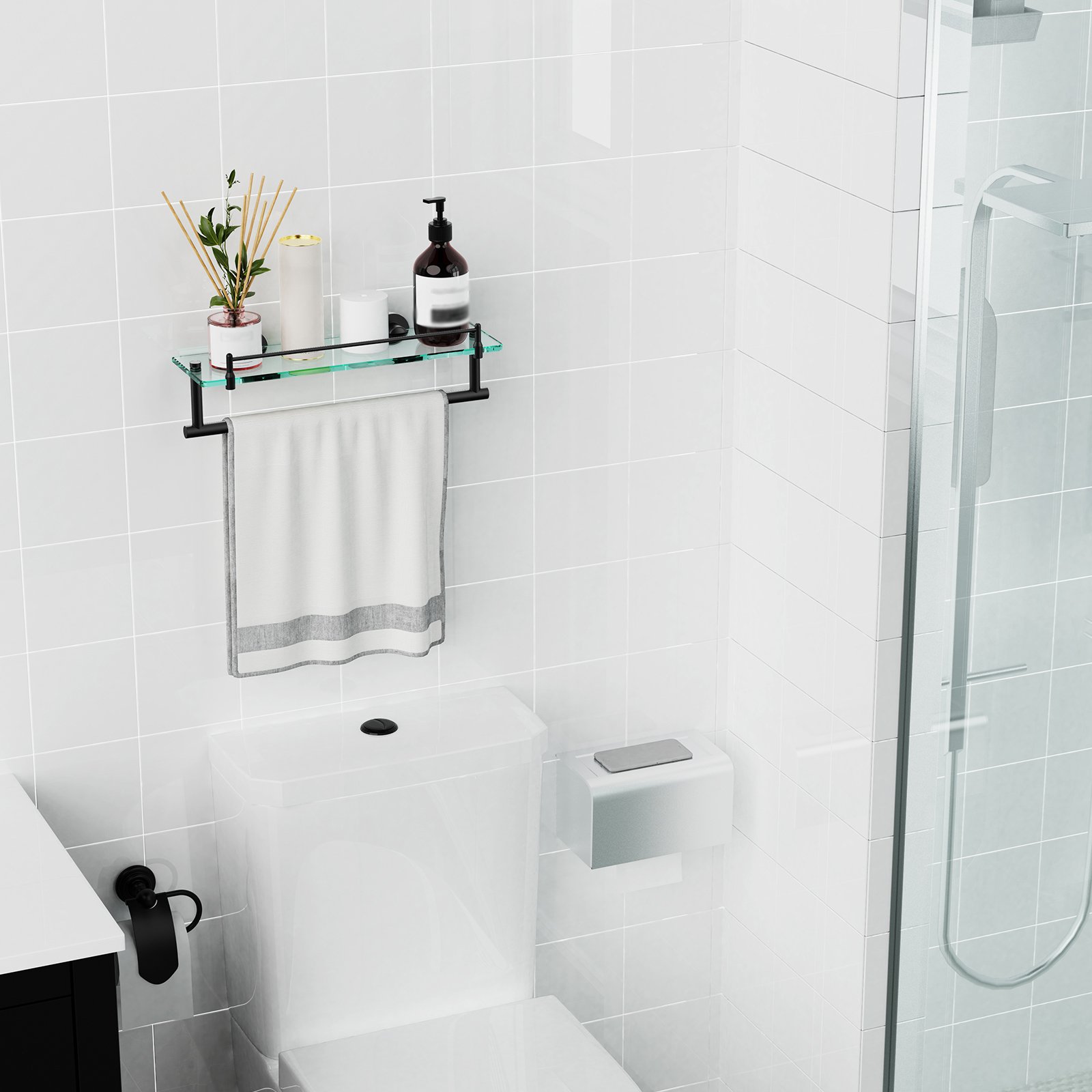 Woindo Bathroom Glass Shelf with Railing, Floating Tempered Glass Bathroom Wall Shelf Rectangle 16 Inch Over The Toilet Storage Cabinet, Gaming Floating Shelves, Bathroom Accessories and Home Decor - 图片 11