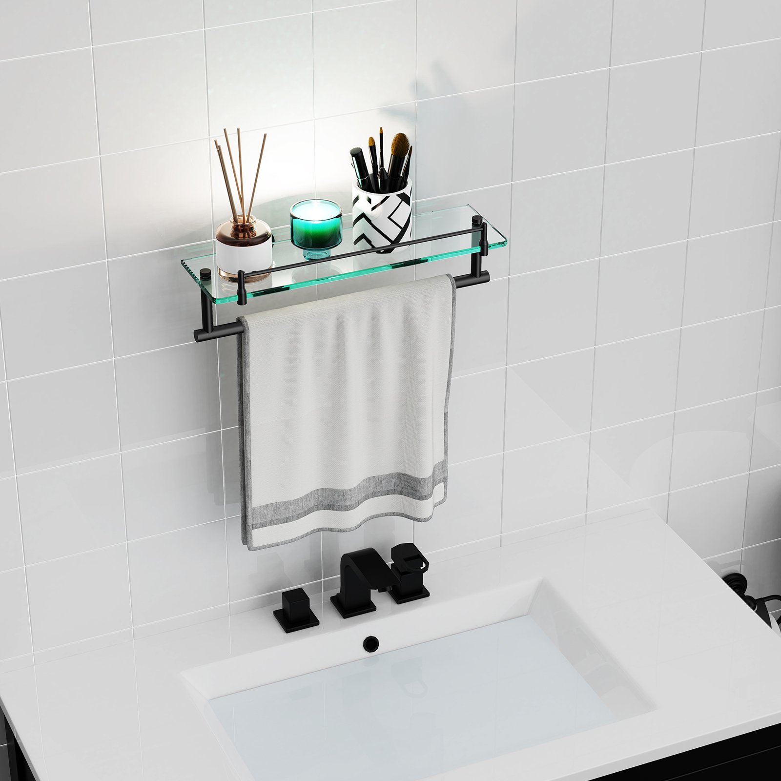 Woindo Bathroom Glass Shelf with Railing, Floating Tempered Glass Bathroom Wall Shelf Rectangle 16 Inch Over The Toilet Storage Cabinet, Gaming Floating Shelves, Bathroom Accessories and Home Decor - 图片 10