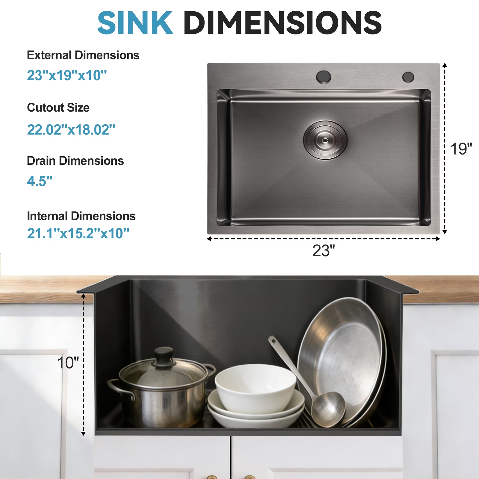 23 Inch Drop In & Undermount Kitchen Sink, Single Bowl Stainless Steel Kitchen Sink, Deep Basin Rust Resistant Farmhouse Sink with Noise Canceling Technology Black - 图片 6