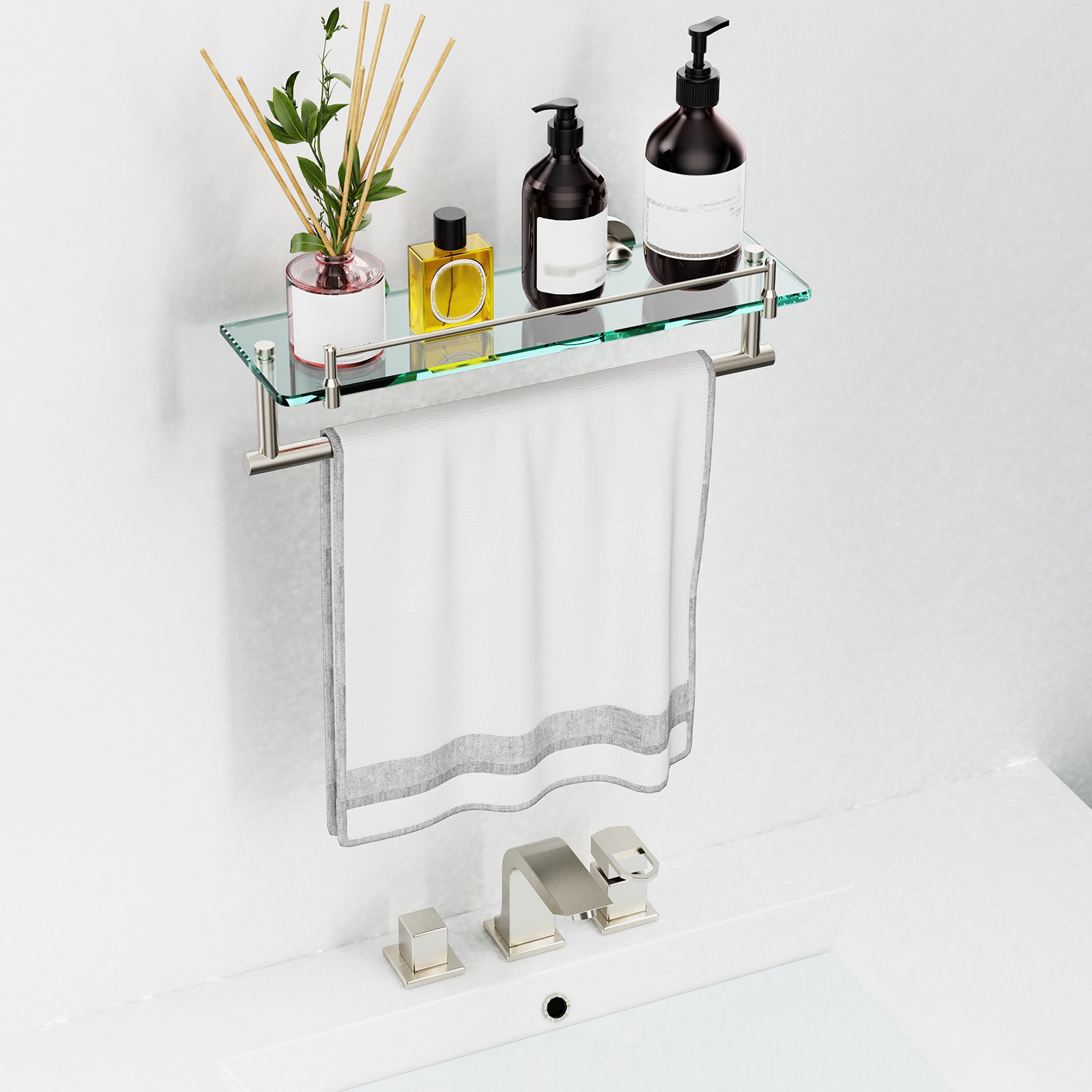 Woindo Bathroom Glass Shelf with Railing, Floating Tempered Glass Bathroom Wall Shelf Rectangle 16 Inch Over The Toilet Storage Cabinet, Gaming Floating Shelves, Bathroom Accessories and Home Decor - 图片 10