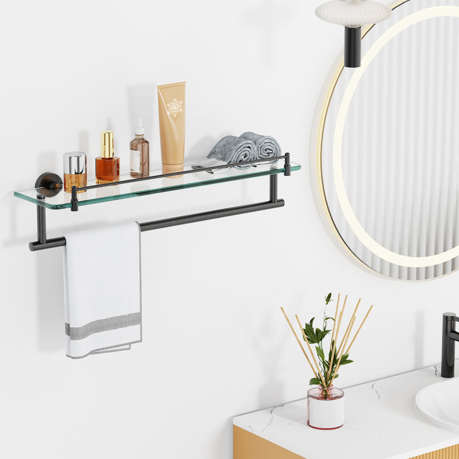 Woindo Bathroom Glass Shelf with Railing, Floating Tempered Glass Bathroom Wall Shelf Rectangle 20 Inch Over The Toilet Storage Cabinet, Gaming Floating Shelves, Bathroom Accessories and Home Decor - 图片 3