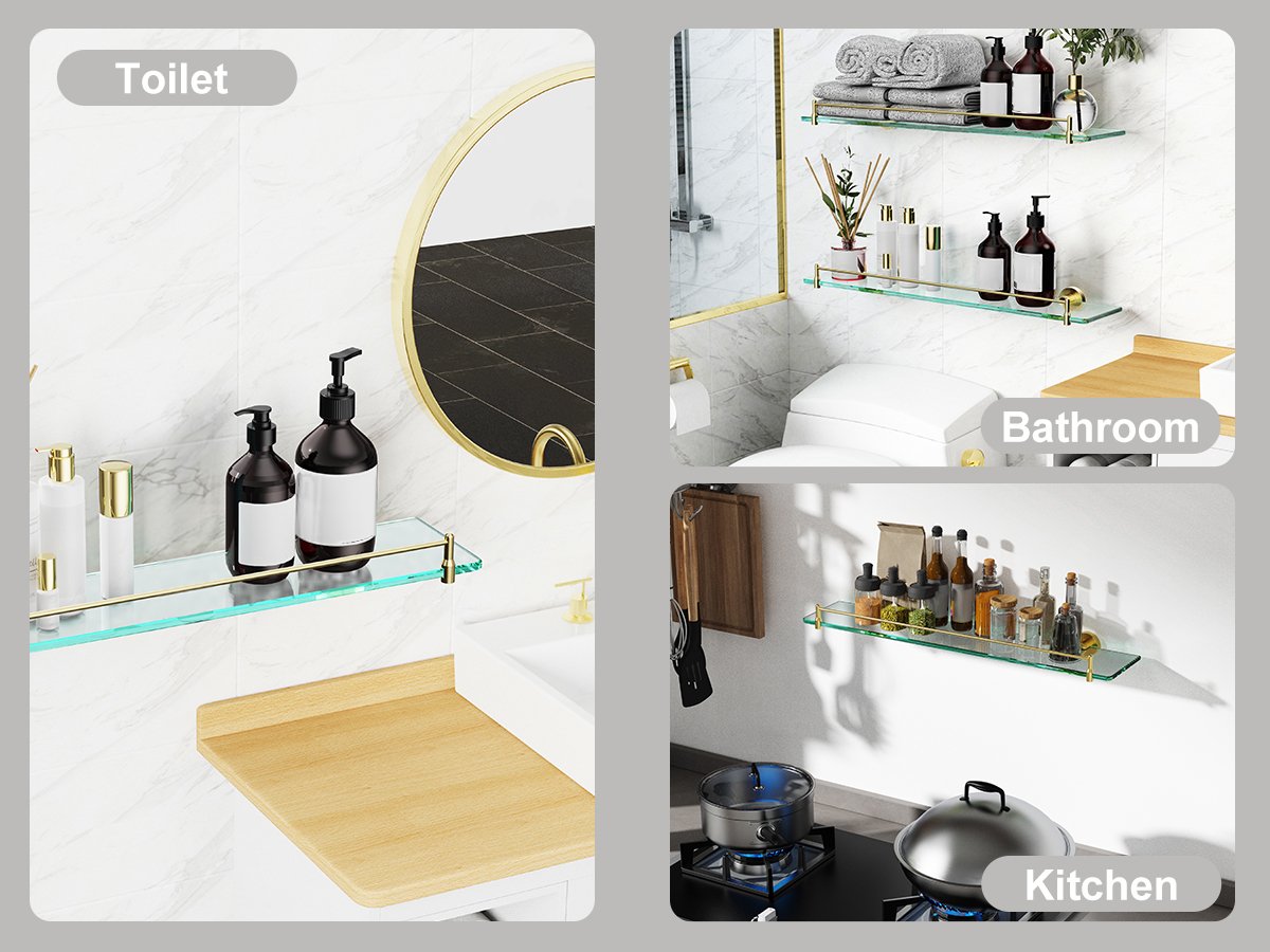 Woindo Bathroom Glass Shelf, Floating Tempered Glass Bathroom Wall Shelf Rectangle 24 Inch Shelves Gold Bracket Mount Modern - 图片 7