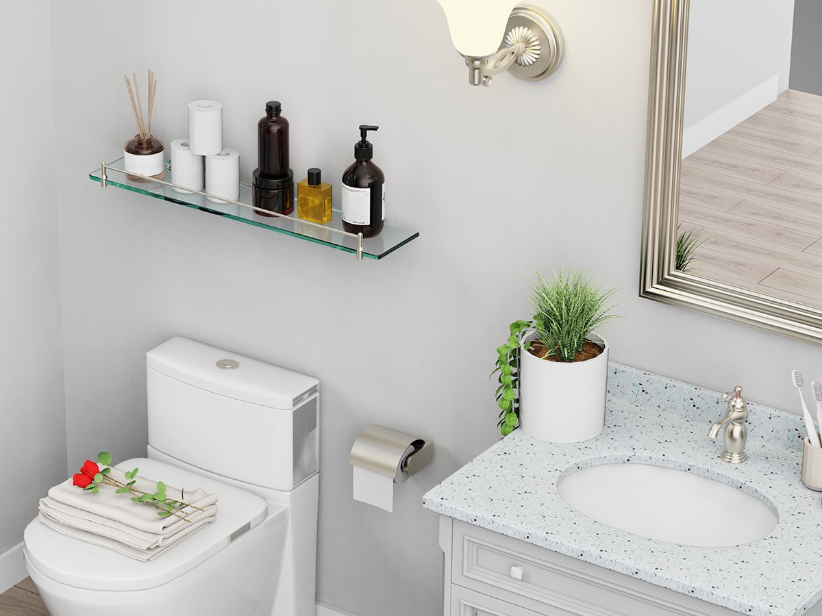 Woindo Bathroom Glass Shelf, Floating Tempered Glass Bathroom Wall Shelf Rectangle 24 inch Shelves Chrome Polished Bracket Mount Modern - 图片 7