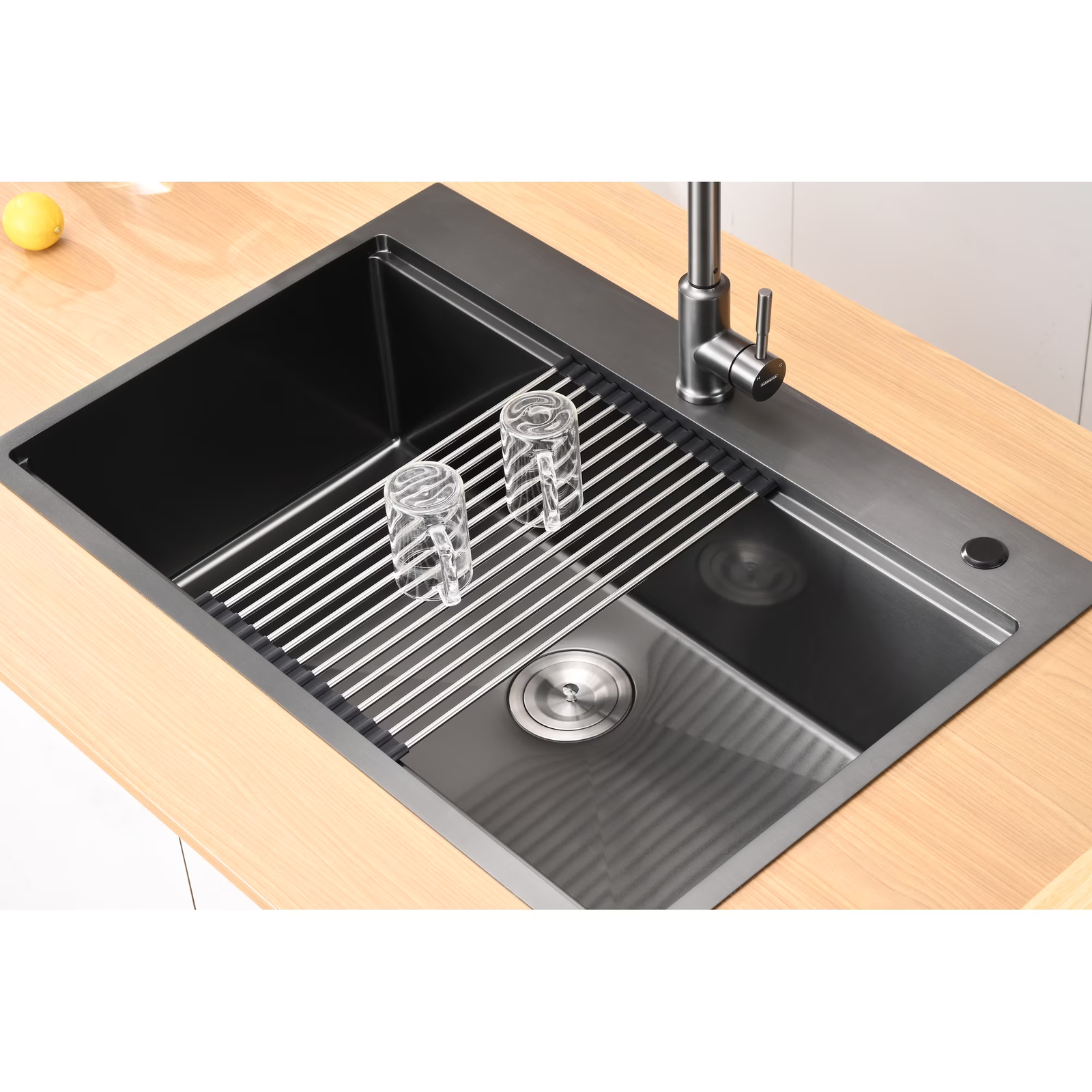 33 Inch Drop In & Undermount Kitchen Sink, Single Bowl Stainless Steel Kitchen Sink, Deep Basin Rust Resistant Farmhouse Sink with Noise Canceling Technology Black - 图片 5