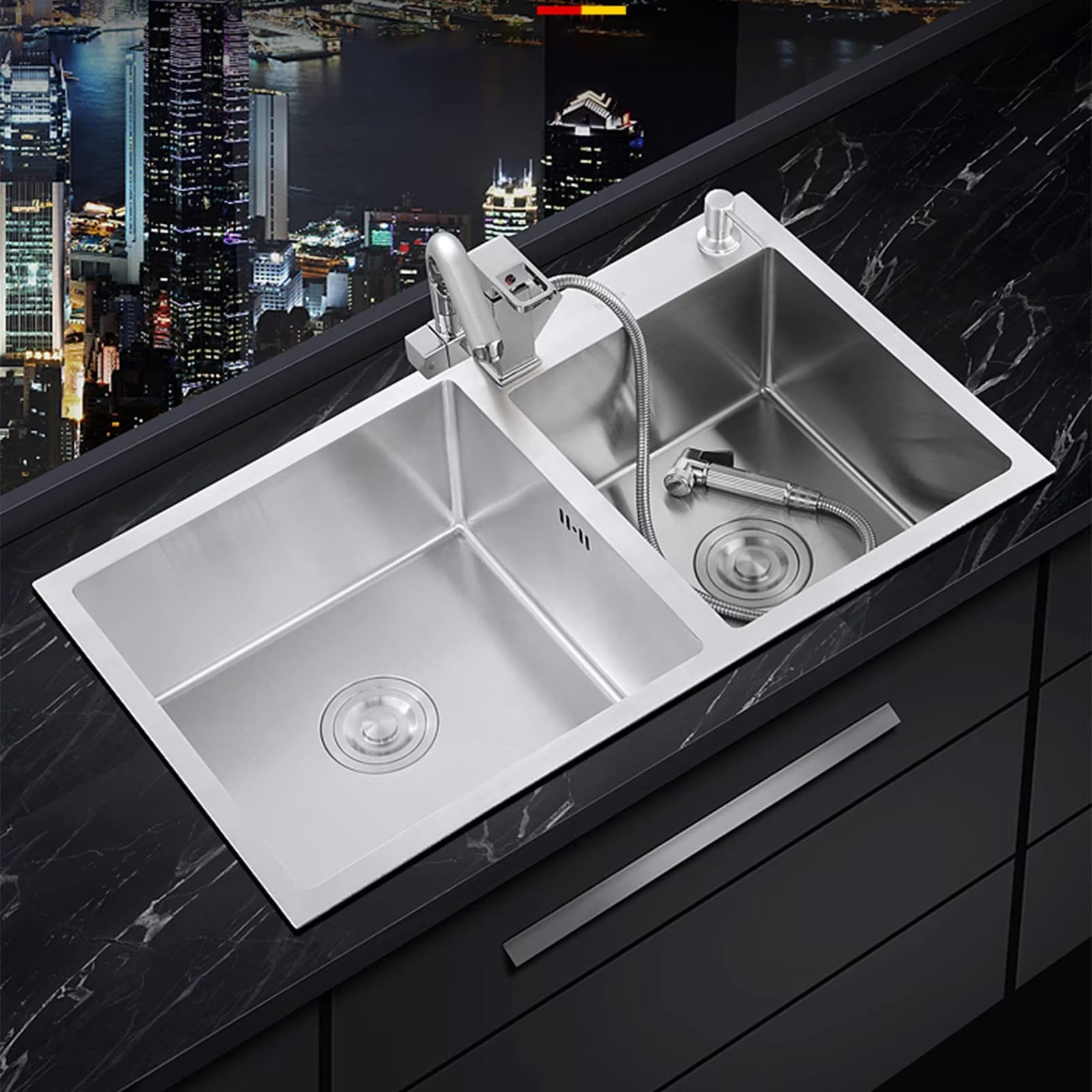 32 Inch Double Bowl Kitchen Sink, Drop In Stainless Steel Sink, Undermount Dual Basin Workstation Sink, Rustproof & Noise Reduction Kitchen Sink Brushed Silver - 图片 5