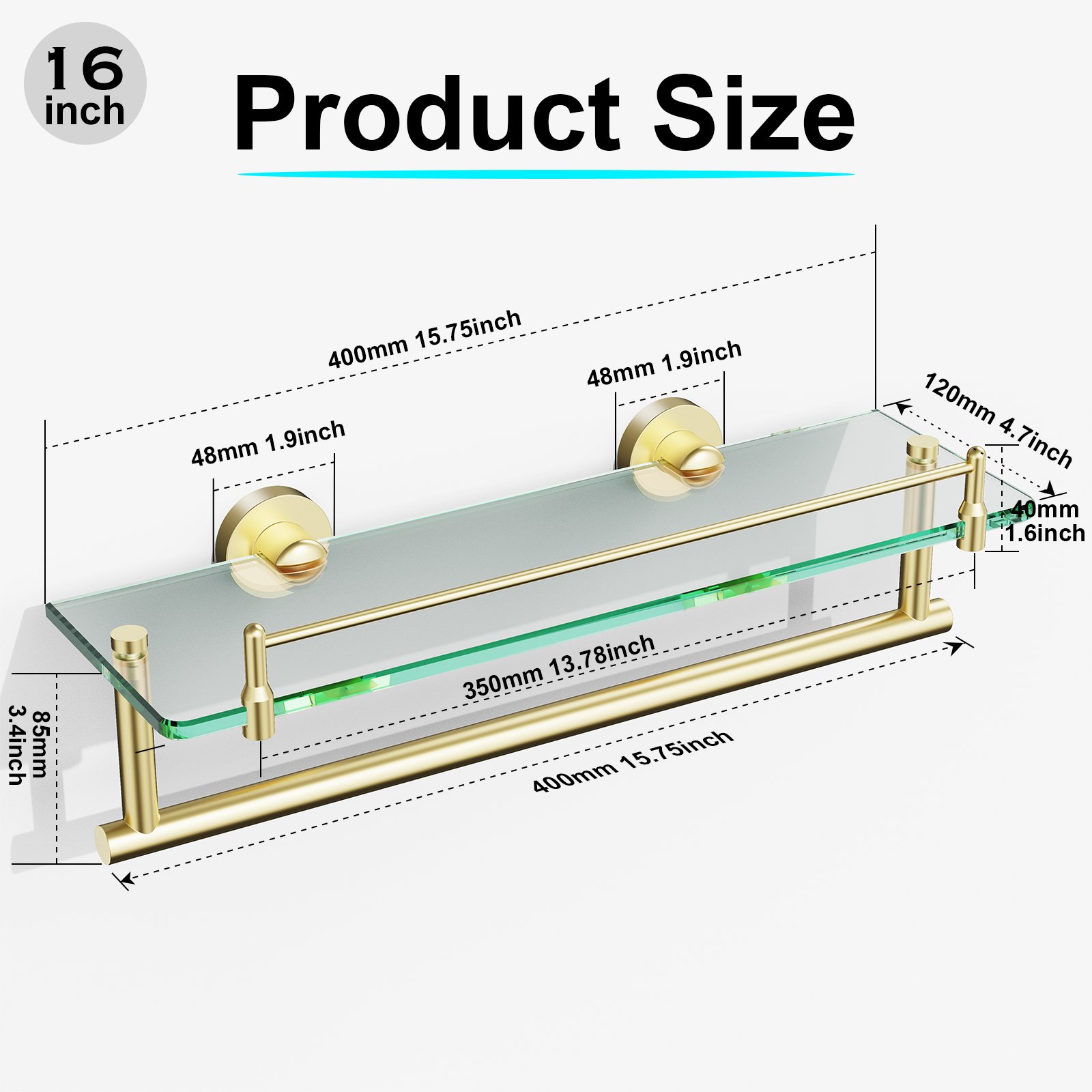 Woindo Bathroom Glass Shelf with Railing, Floating Tempered Glass Bathroom Wall Shelf Rectangle 16 Inch Over The Toilet Storage Cabinet, Gaming Floating Shelves, Bathroom Accessories and Home Decor - 图片 14