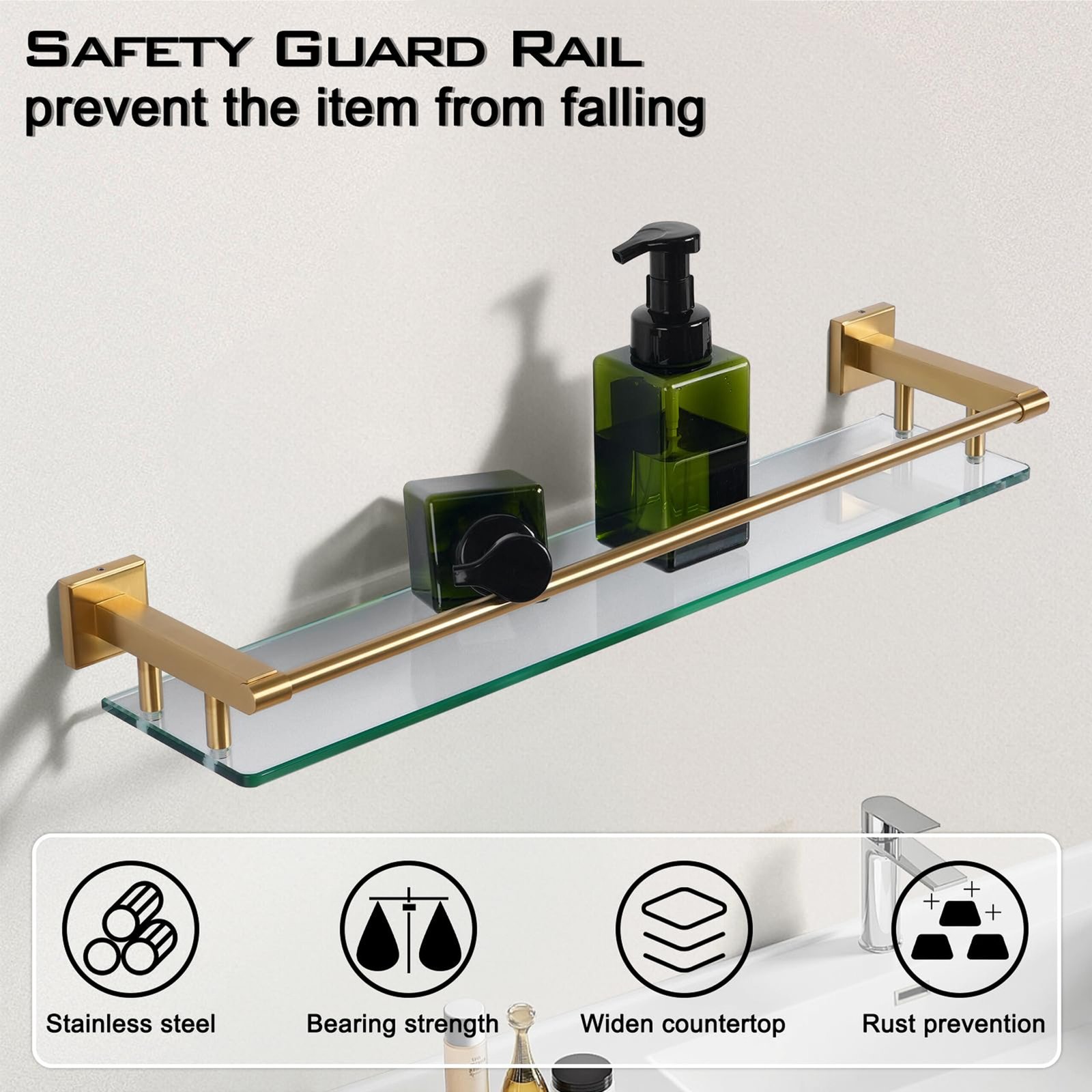 Woindo Bathroom Glass Shelf with Full-coverage Railing, Floating Tempered Glass Bathroom Wall Shelf Rectangle 24 Inch Shelves Gold Bracket Mount Modern - 图片 4