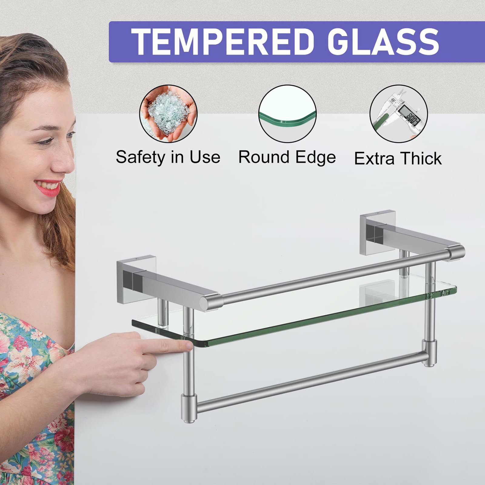 Woindo Bathroom Glass Shelf with Full-coverage Railing, Floating Tempered Glass Bathroom Wall Shelf Rectangle 16 Inch Over The Toilet Storage Cabinet, Towels, Gaming Floating Shelves - 图片 3
