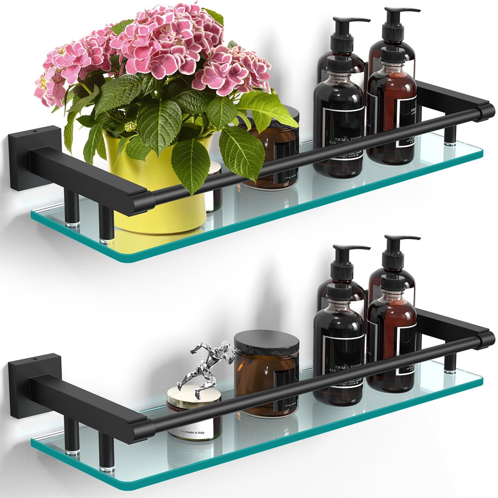 Woindo Bathroom Glass Shelf with Full-coverage Railing, Floating Tempered Glass Bathroom Wall Shelf Rectangle 20 Inch Shelves Black Bracket Mount Modern - 图片 11
