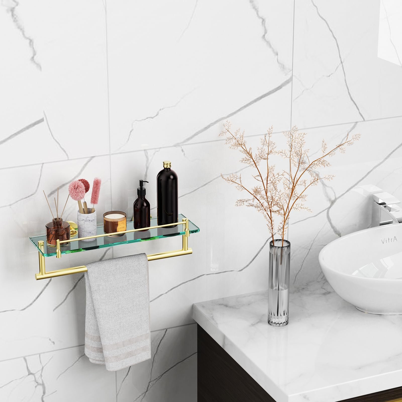 Woindo Bathroom Glass Shelf with Railing, Floating Tempered Glass Bathroom Wall Shelf Rectangle 16 Inch Over The Toilet Storage Cabinet, Gaming Floating Shelves, Bathroom Accessories and Home Decor - 图片 11