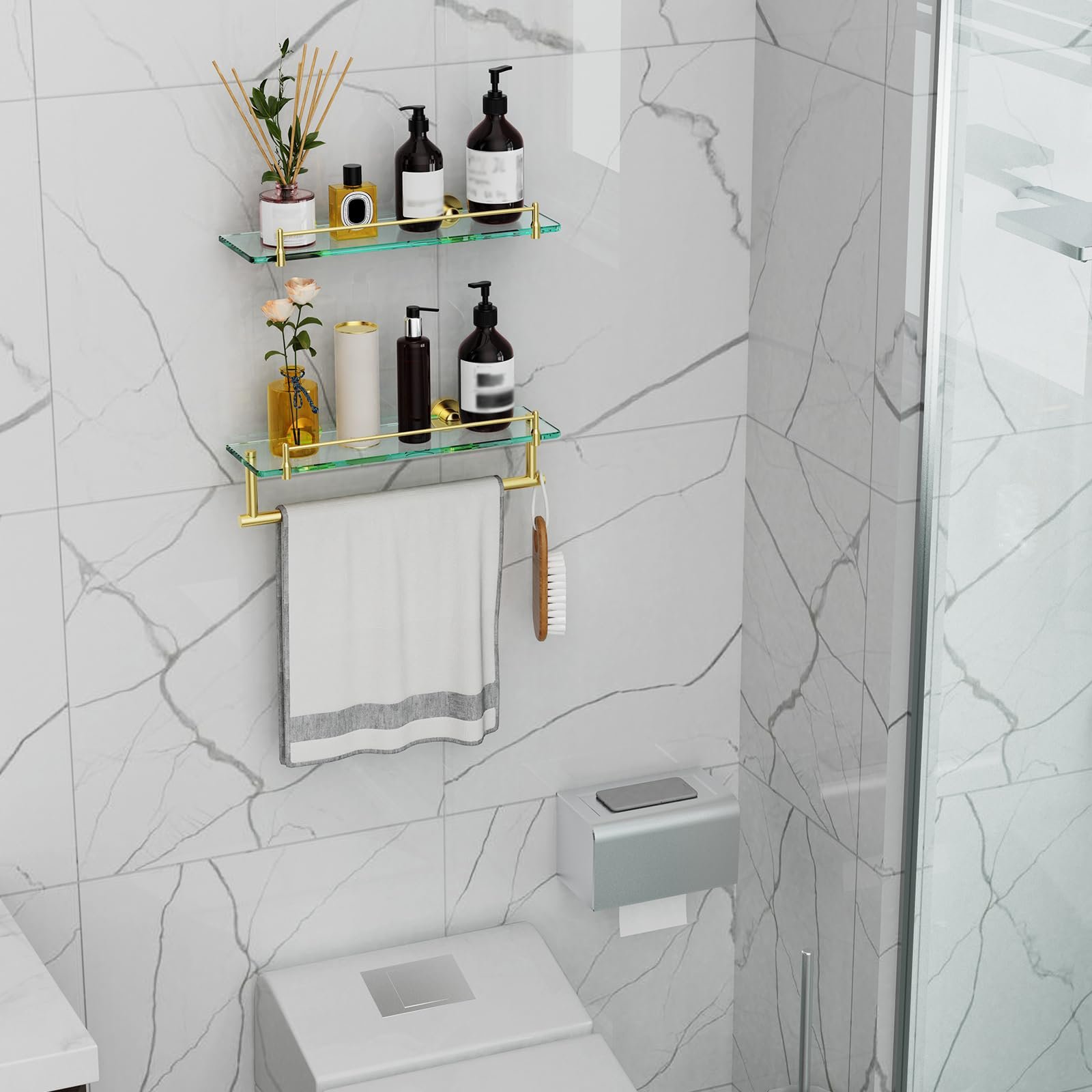 Woindo Bathroom Glass Shelf with Railing, Floating Tempered Glass Bathroom Wall Shelf Rectangle 16 Inch Over The Toilet Storage Cabinet, Gaming Floating Shelves, Bathroom Accessories and Home Decor - 图片 10