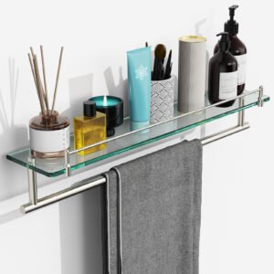 Woindo Bathroom Glass Shelf with Railing, Floating Tempered Glass Bathroom Wall Shelf Rectangle 24 Inch Over The Toilet Storage Cabinet, Gaming Floating Shelves, Bathroom Accessories and Home Decor