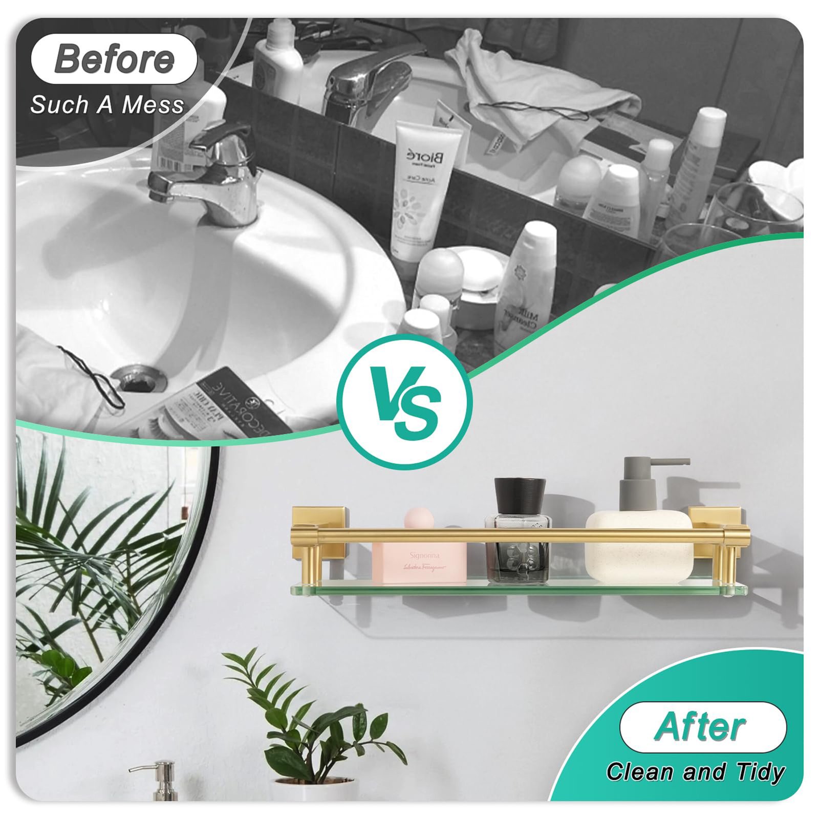 Woindo Bathroom Glass Shelf with Full-coverage Railing, Floating Tempered Glass Bathroom Wall Shelf Rectangle 16 Inch Shelves Gold Bracket Mount Modern - 图片 2
