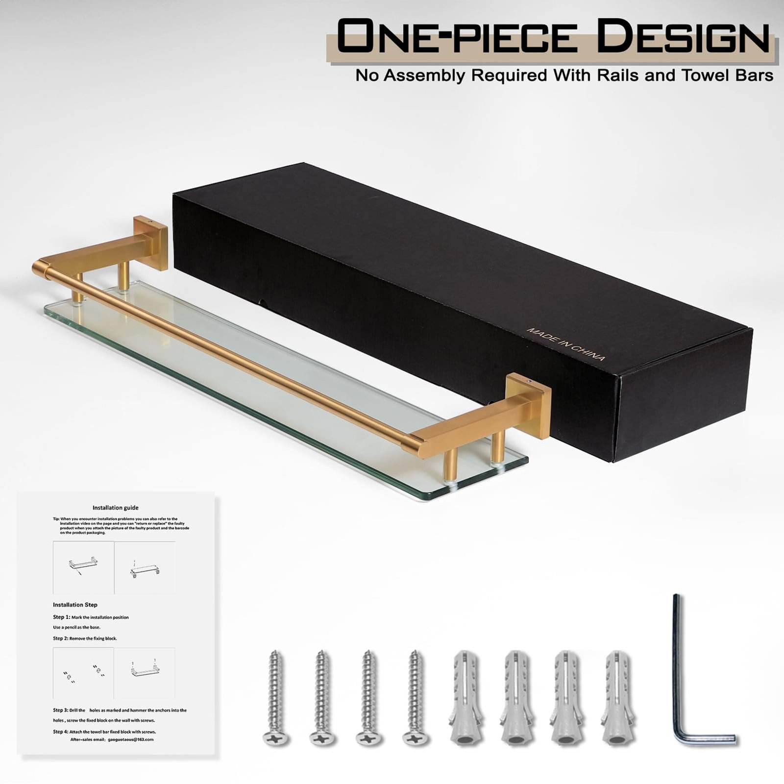 Woindo Bathroom Glass Shelf with Full-coverage Railing, Floating Tempered Glass Bathroom Wall Shelf Rectangle 24 Inch Shelves Gold Bracket Mount Modern - 图片 3