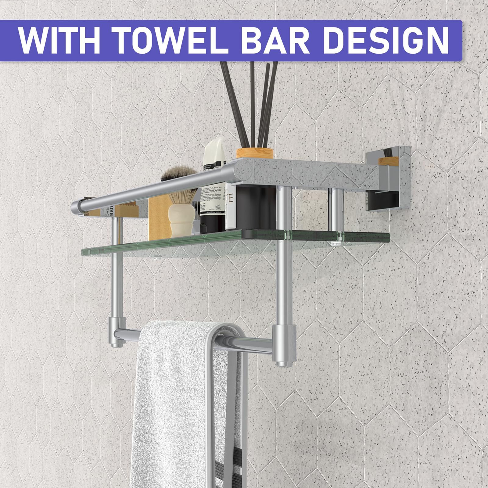 Woindo Bathroom Glass Shelf with Full-coverage Railing, Floating Tempered Glass Bathroom Wall Shelf Rectangle 16 Inch Over The Toilet Storage Cabinet, Towels, Gaming Floating Shelves - 图片 2