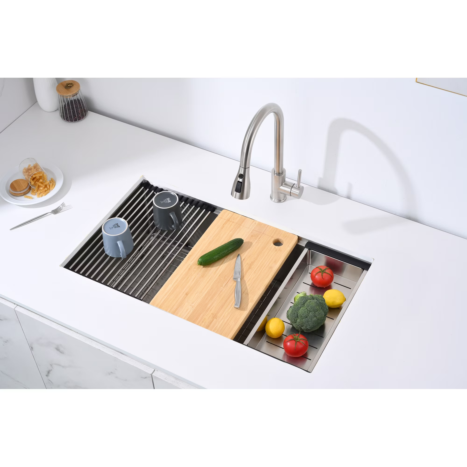36 Inch Drop In & Undermount Kitchen Sink, Single Bowl Stainless Steel Kitchen Sink, Deep Basin Rust Resistant Farmhouse Sink with Noise Canceling Technology Brushed Silver - 图片 3