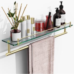 Woindo Bathroom Glass Shelf with Railing, Floating Tempered Glass Bathroom Wall Shelf Rectangle 24 Inch Over The Toilet Storage Cabinet, Gaming Floating Shelves, Bathroom Accessories and Home Decor