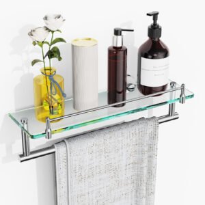 Woindo Bathroom Glass Shelf with Railing, Floating Tempered Glass Bathroom Wall Shelf Rectangle 16 Inch Over The Toilet Storage Cabinet, Gaming Floating Shelves, Bathroom Accessories and Home Decor