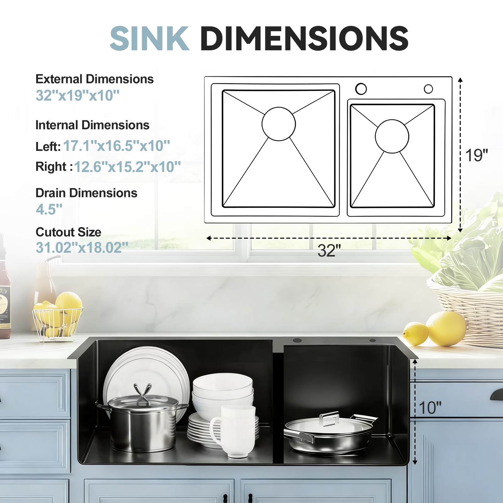 32 Inch Double Bowl Kitchen Sink, Drop In Stainless Steel Sink, Undermount Dual Basin Workstation Sink, Rustproof & Noise Reduction Kitchen Sink Black - 图片 3