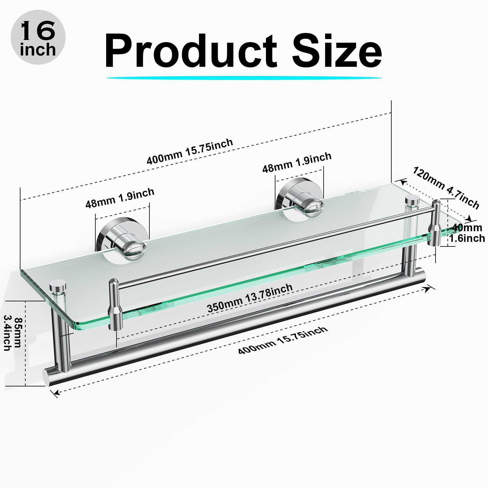 Woindo Bathroom Glass Shelf with Railing, Floating Tempered Glass Bathroom Wall Shelf Rectangle 16 Inch Over The Toilet Storage Cabinet, Gaming Floating Shelves, Bathroom Accessories and Home Decor - 图片 14