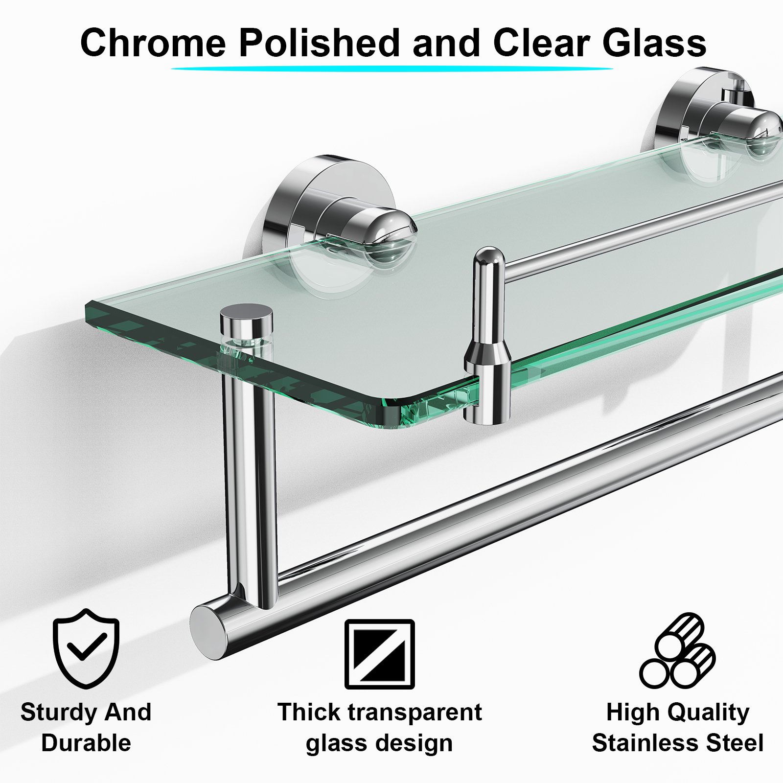 Woindo Bathroom Glass Shelf with Railing, Floating Tempered Glass Bathroom Wall Shelf Rectangle 16 Inch Over The Toilet Storage Cabinet, Gaming Floating Shelves, Bathroom Accessories and Home Decor - 图片 13