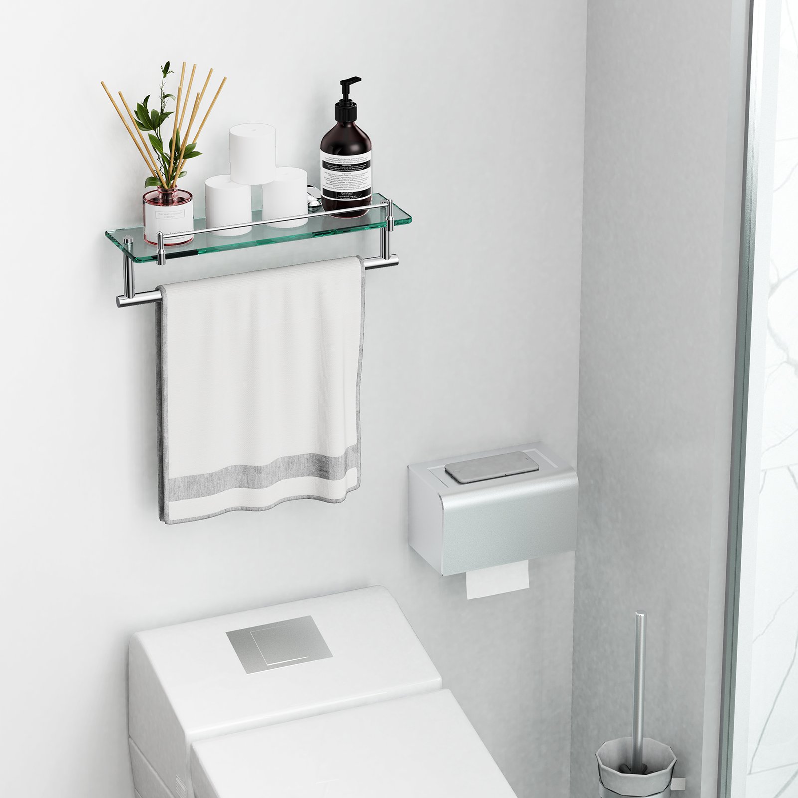 Woindo Bathroom Glass Shelf with Railing, Floating Tempered Glass Bathroom Wall Shelf Rectangle 16 Inch Over The Toilet Storage Cabinet, Gaming Floating Shelves, Bathroom Accessories and Home Decor - 图片 11