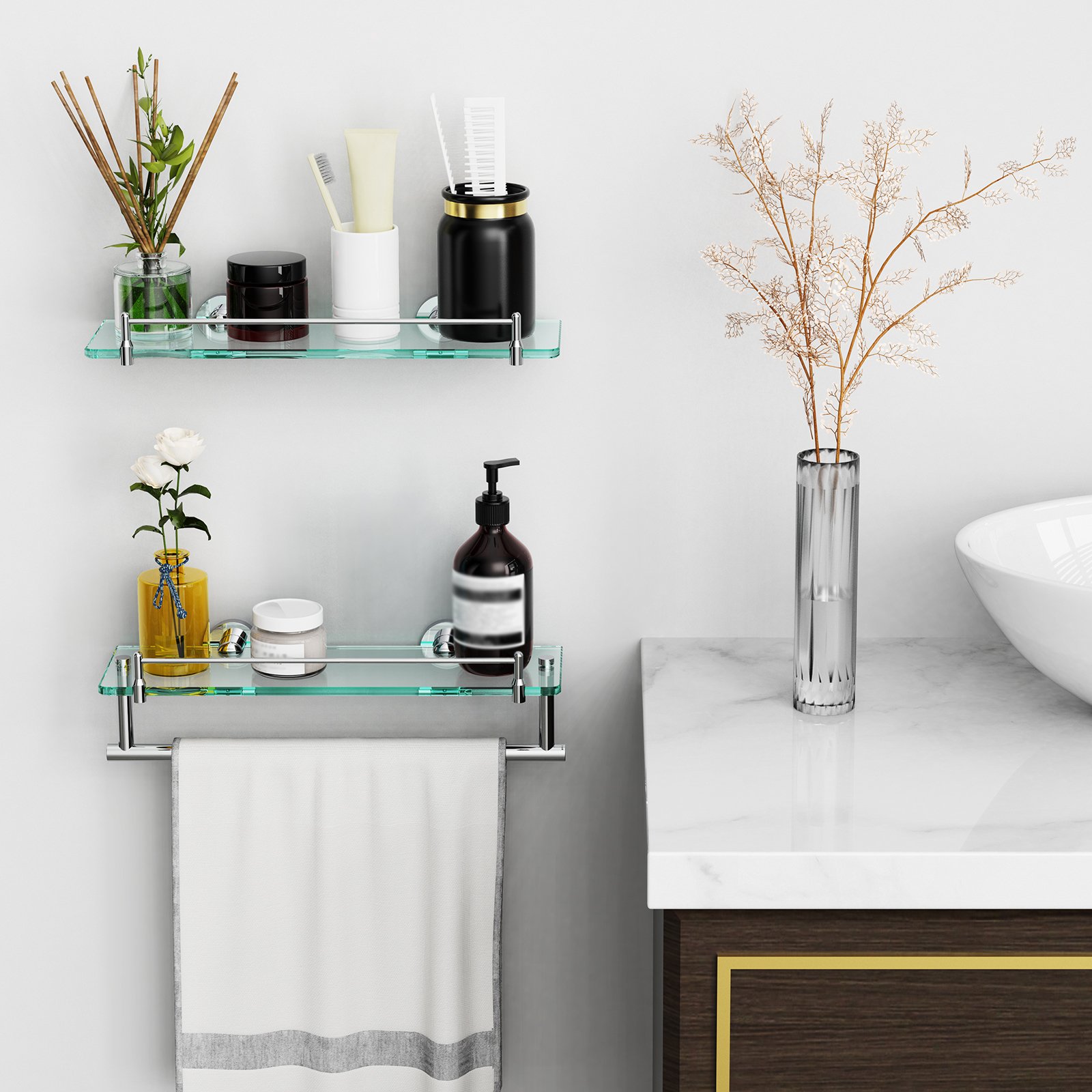 Woindo Bathroom Glass Shelf with Railing, Floating Tempered Glass Bathroom Wall Shelf Rectangle 16 Inch Over The Toilet Storage Cabinet, Gaming Floating Shelves, Bathroom Accessories and Home Decor - 图片 10