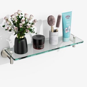 Woindo Bathroom Glass Shelf, Floating Tempered Glass Bathroom Wall Shelf Rectangle 16 Inch Shelves Brushed Nickel Bracket Mount Modern