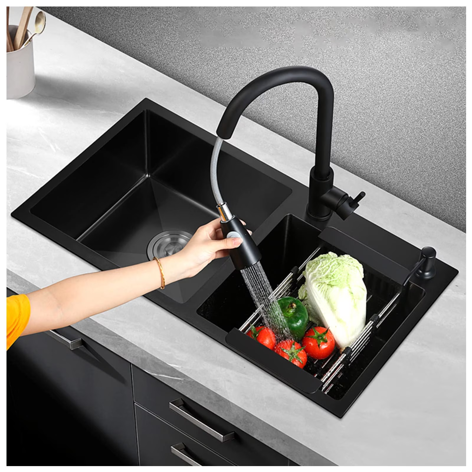 32 Inch Double Bowl Kitchen Sink, Drop In Stainless Steel Sink, Undermount Dual Basin Workstation Sink, Rustproof & Noise Reduction Kitchen Sink Black - 图片 2