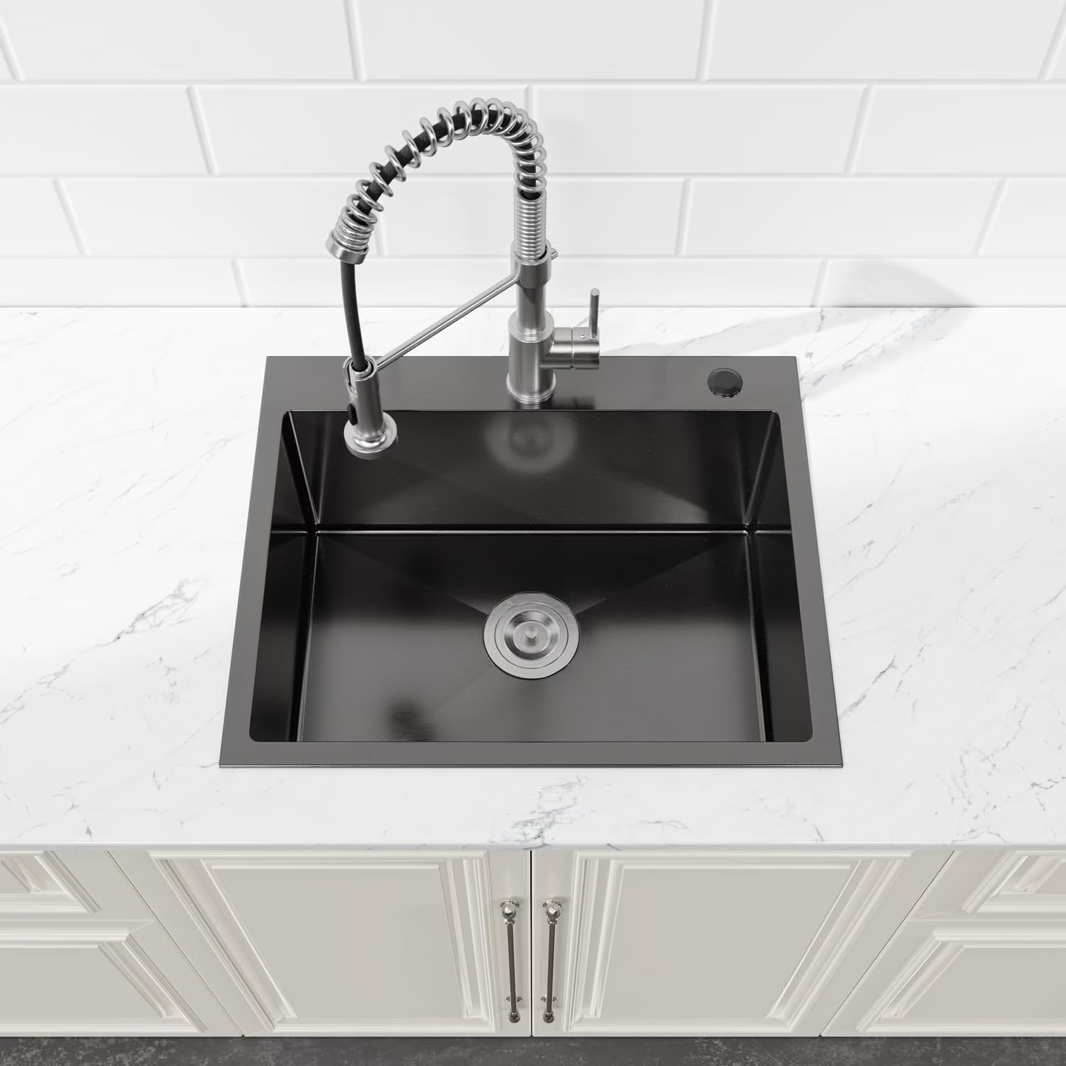 23 Inch Drop In & Undermount Kitchen Sink, Single Bowl Stainless Steel Kitchen Sink, Deep Basin Rust Resistant Farmhouse Sink with Noise Canceling Technology Black - 图片 2