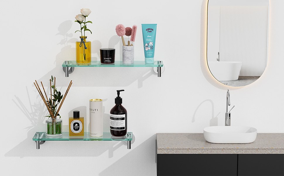 Woindo Bathroom Glass Shelf, Floating Tempered Glass Bathroom Wall Shelf Rectangle 20 Inch Shelves Chrome Polished Bracket Mount Modern - 图片 3