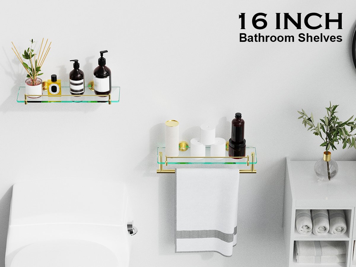 Woindo Bathroom Glass Shelf with Railing, Floating Tempered Glass Bathroom Wall Shelf Rectangle 16 Inch Over The Toilet Storage Cabinet, Gaming Floating Shelves, Bathroom Accessories and Home Decor - 图片 9