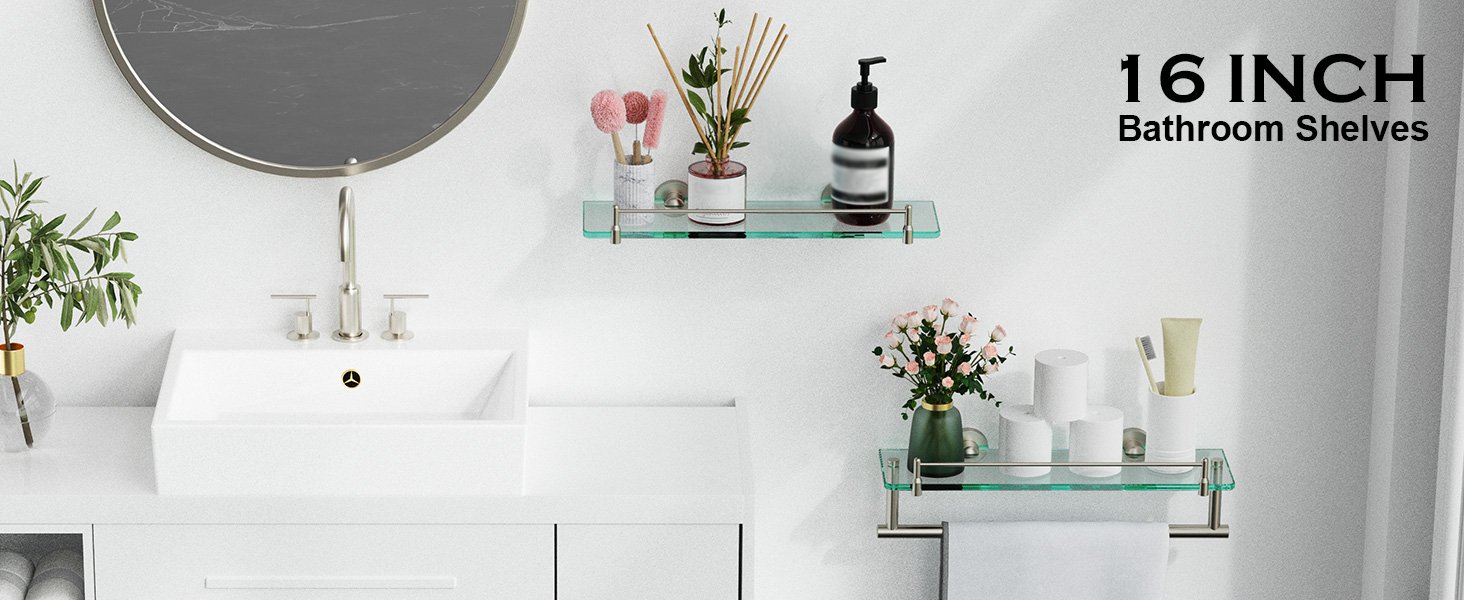 Woindo Bathroom Glass Shelf with Railing, Floating Tempered Glass Bathroom Wall Shelf Rectangle 16 Inch Over The Toilet Storage Cabinet, Gaming Floating Shelves, Bathroom Accessories and Home Decor - 图片 9
