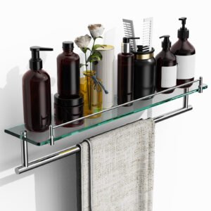 Woindo Bathroom Glass Shelf with Railing, Floating Tempered Glass Bathroom Wall Shelf Rectangle 24 Inch Over The Toilet Storage Cabinet, Gaming Floating Shelves, Bathroom Accessories and Home Decor