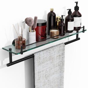 Woindo Bathroom Glass Shelf with Railing, Floating Tempered Glass Bathroom Wall Shelf Rectangle 24 Inch Over The Toilet Storage Cabinet, Gaming Floating Shelves, Bathroom Accessories and Home Decor
