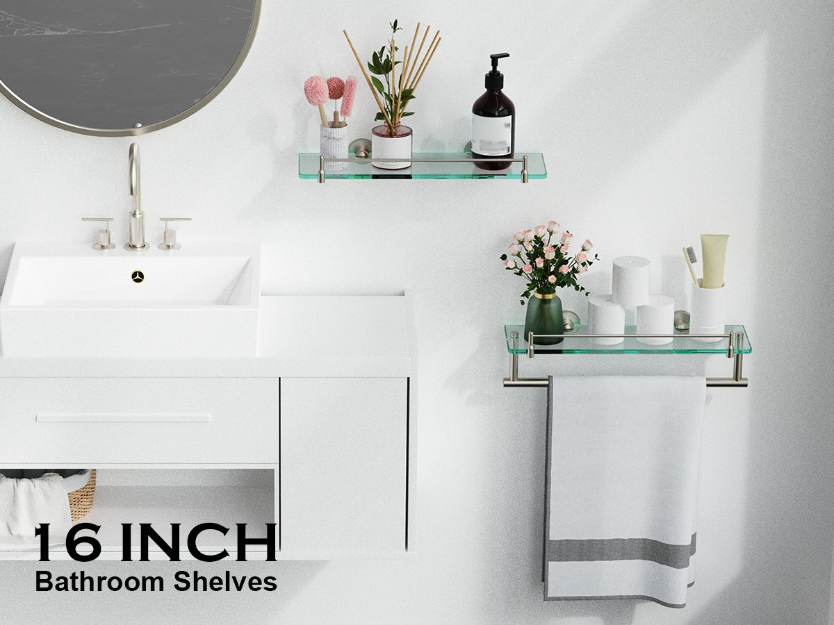 Woindo Bathroom Glass Shelf with Railing, Floating Tempered Glass Bathroom Wall Shelf Rectangle 16 Inch Over The Toilet Storage Cabinet, Gaming Floating Shelves, Bathroom Accessories and Home Decor - 图片 4
