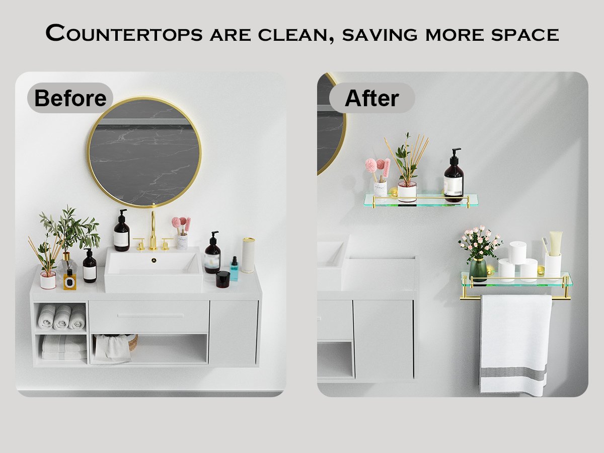Woindo Bathroom Glass Shelf with Railing, Floating Tempered Glass Bathroom Wall Shelf Rectangle 16 Inch Over The Toilet Storage Cabinet, Gaming Floating Shelves, Bathroom Accessories and Home Decor - 图片 8