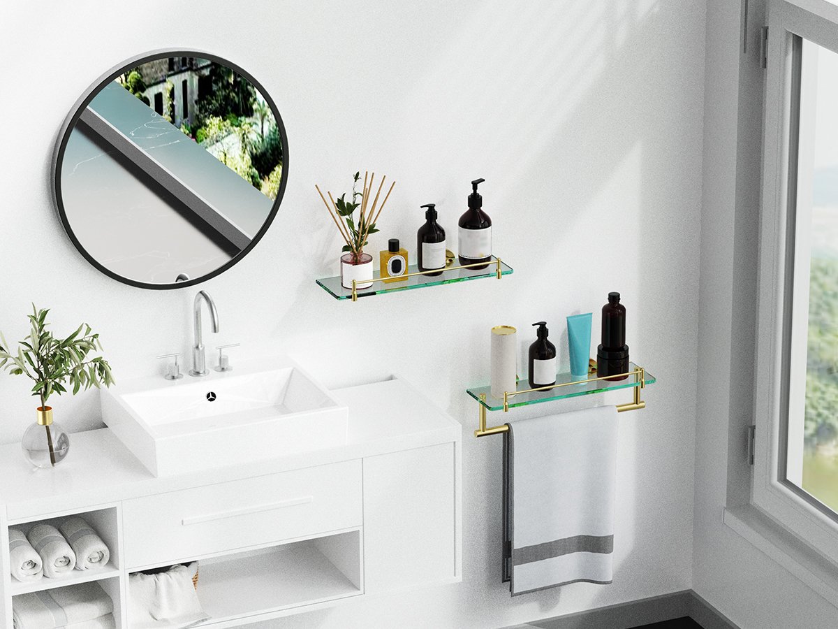 Woindo Bathroom Glass Shelf with Railing, Floating Tempered Glass Bathroom Wall Shelf Rectangle 16 Inch Over The Toilet Storage Cabinet, Gaming Floating Shelves, Bathroom Accessories and Home Decor - 图片 6