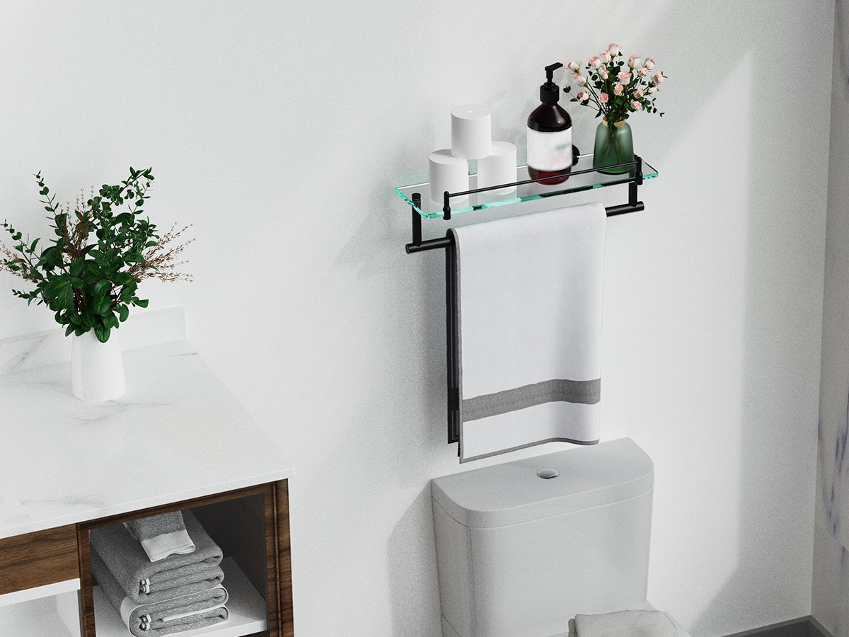 Woindo Bathroom Glass Shelf with Railing, Floating Tempered Glass Bathroom Wall Shelf Rectangle 16 Inch Over The Toilet Storage Cabinet, Gaming Floating Shelves, Bathroom Accessories and Home Decor - 图片 7